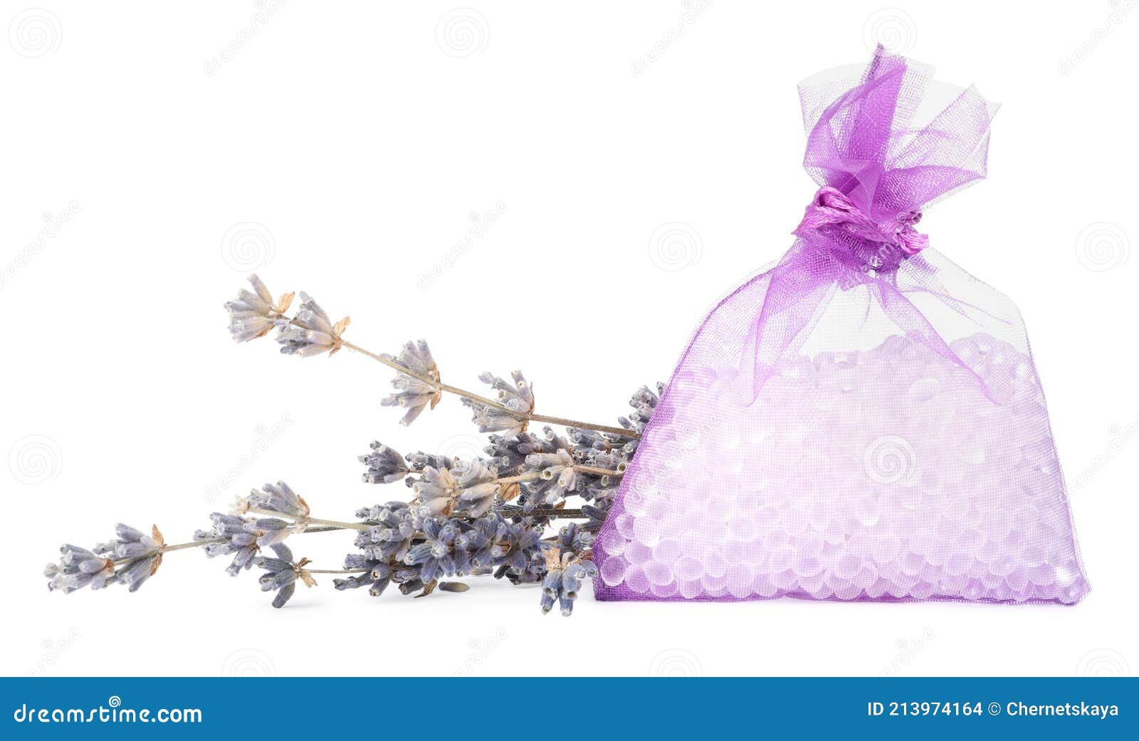 Scented Sachet with Aroma Beads and Dried Lavender on White Background