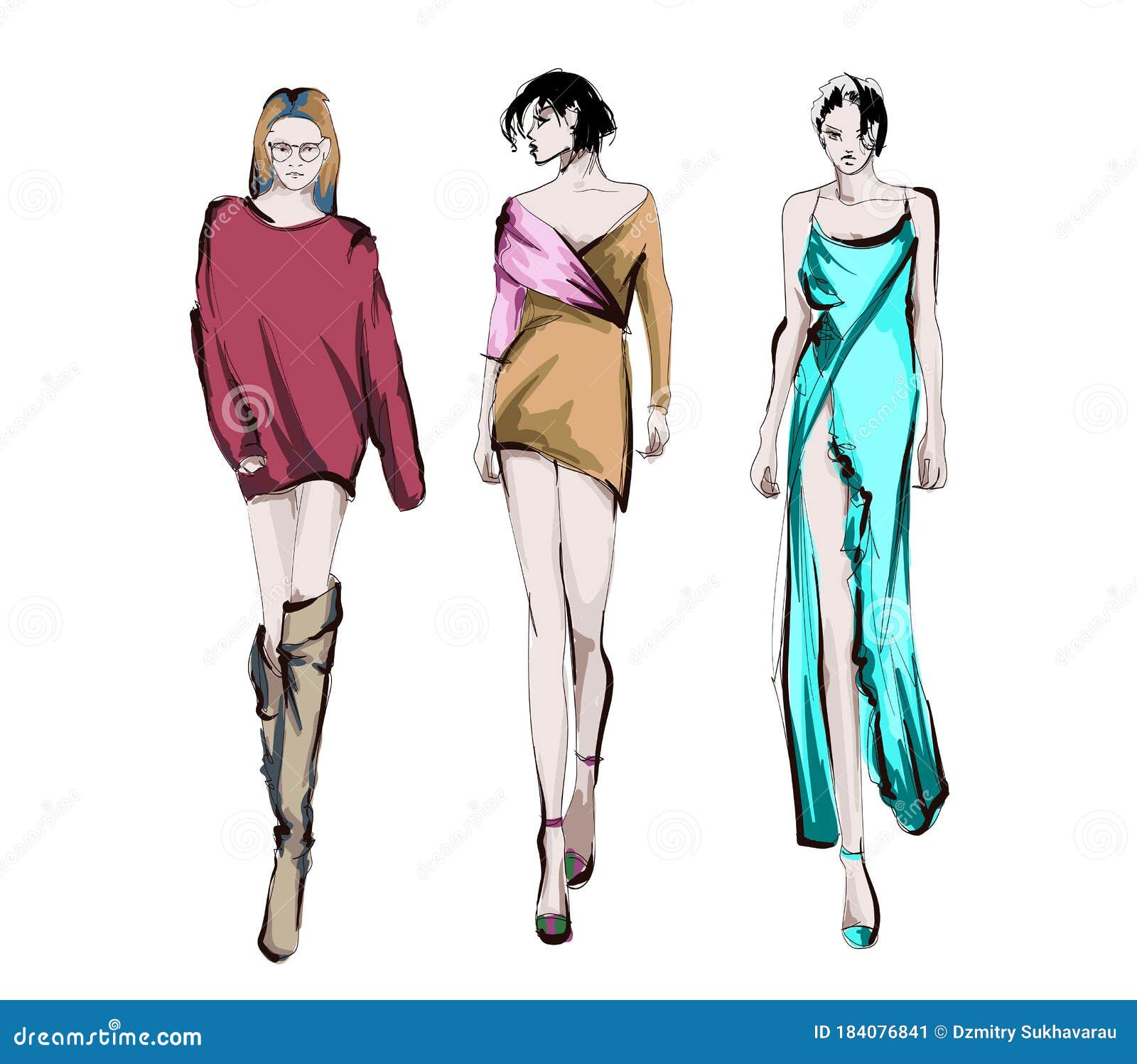 Schone Junge Frauen In Der Modernen Art Handgezogenes Elegantes Frauenportrat Modedame Festliche Outfit Skizze Mode Modell Vektor Abbildung Illustration Von Outfit Frauenportrat