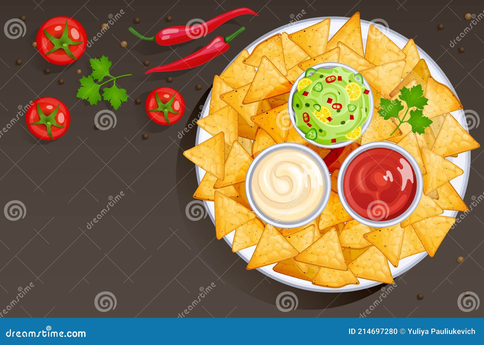 Schaal Nacho-chips En Sausen Vector Illustratie - Illustration of avocado, mexico: 214697280