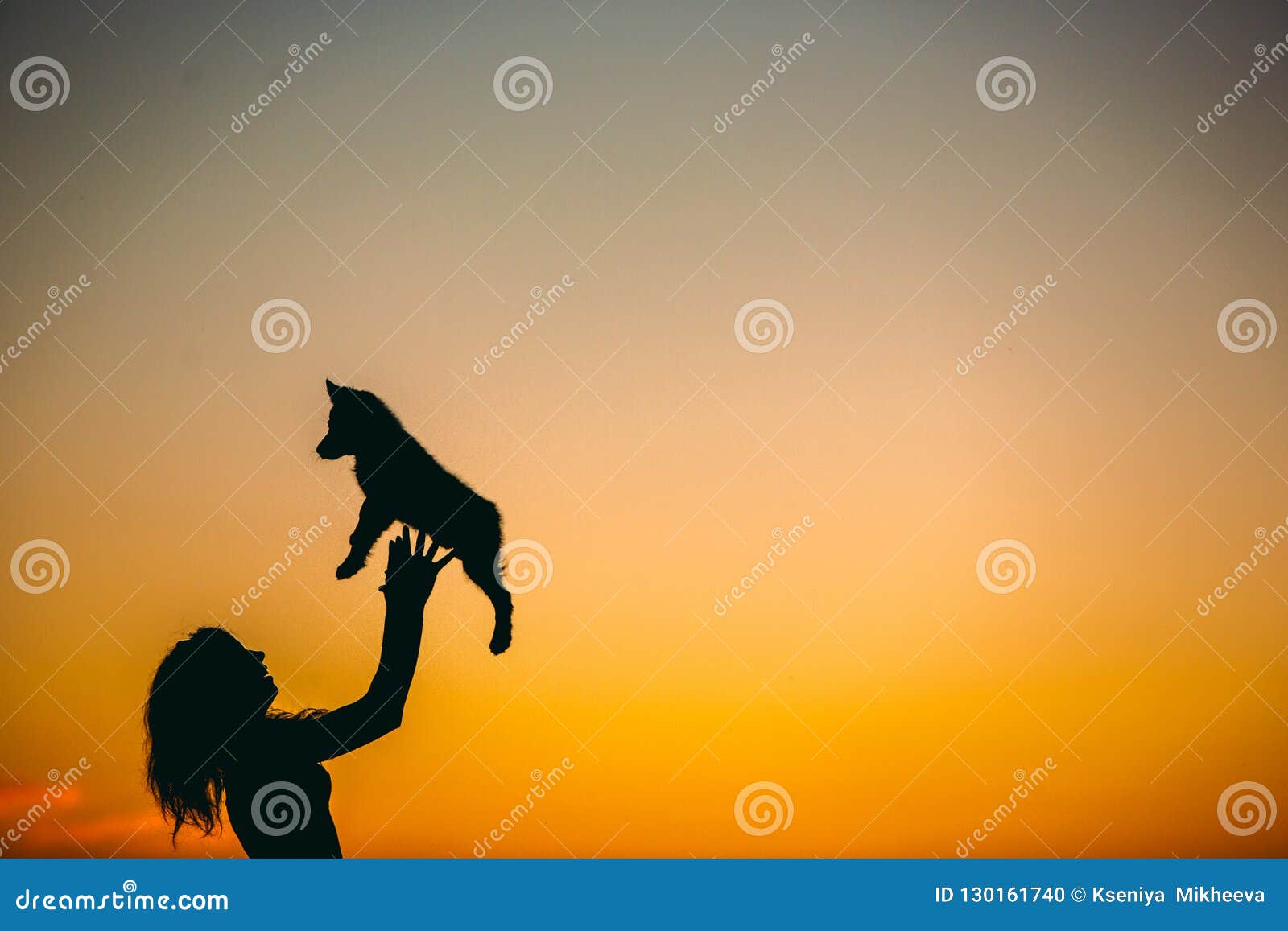 Schattenbild Der Frau Spielend Mit Hund Bei Sonnenuntergang Stockfoto