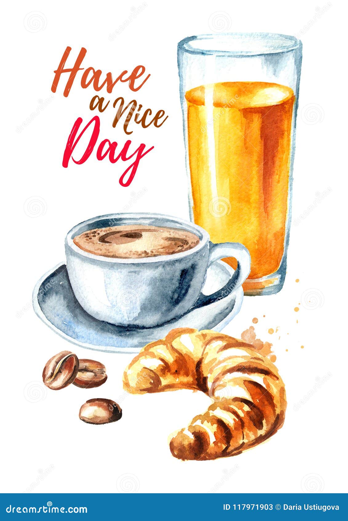 Scheda Di Buongiorno Croissant Francese Tradizionale Della Prima Colazione Di Mattina Succo D Arancia Tazza Di Caffe Chicchi D Illustrazione Di Stock Illustrazione Di Sano Caff