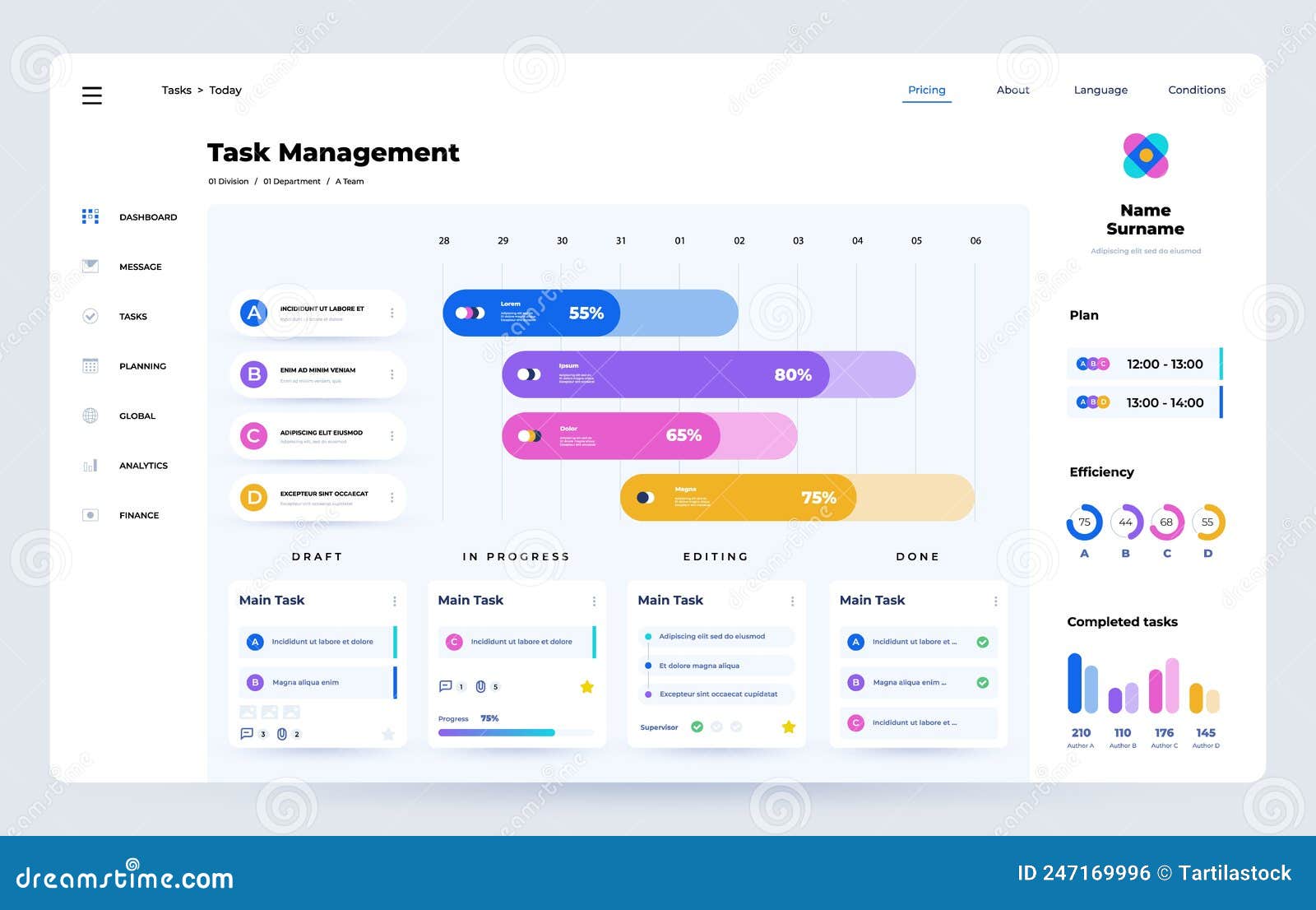 schedule app. task manager ui template with project timeline, time optimization and task management web app dashboard interface.