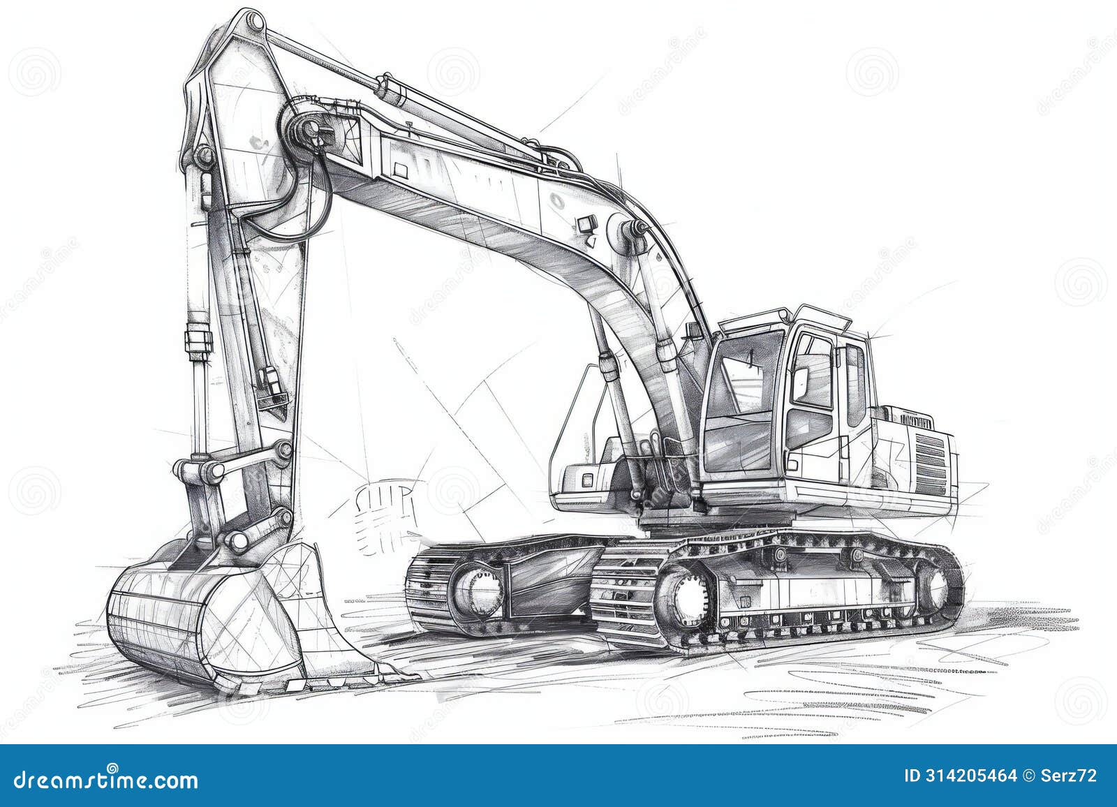 schematic technical line drawing of an excavator with a bucket on a white background