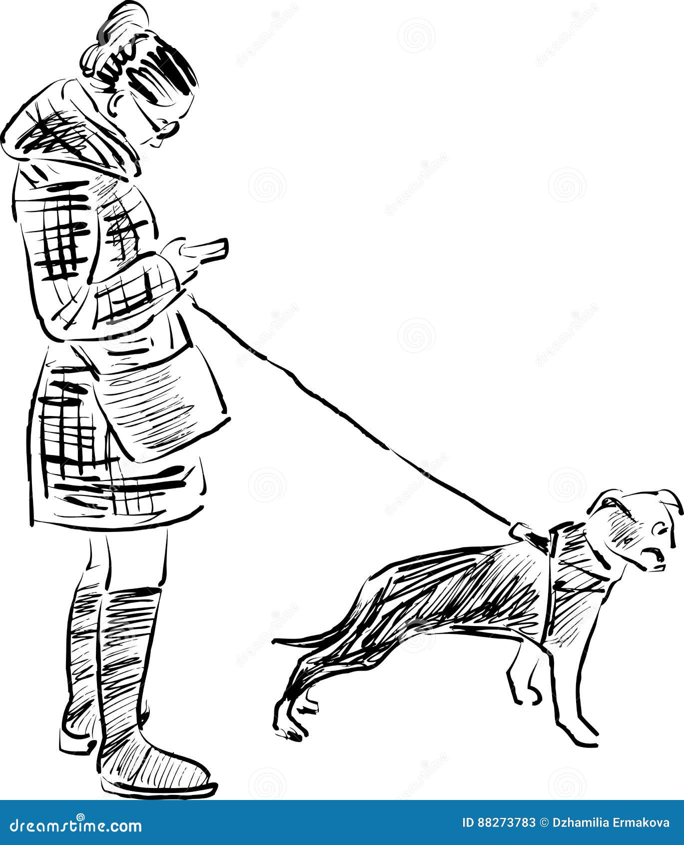 Schizzo Di Una Ragazza Con Il Suo Cane Illustrazione