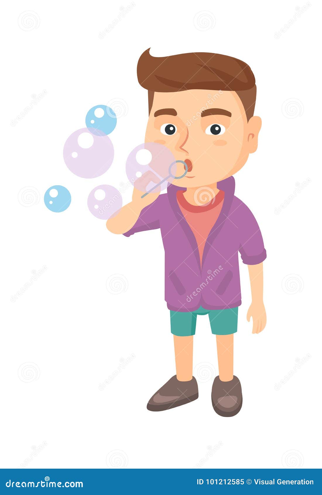Schlagseifenblasen des kleinen kaukasischen Jungen Junge, der Seifenluftblasen bildet Junge, der mit Seifenluftblasen spielt Vector die Skizzenkarikaturillustration, die auf weißem Hintergrund lokalisiert wird