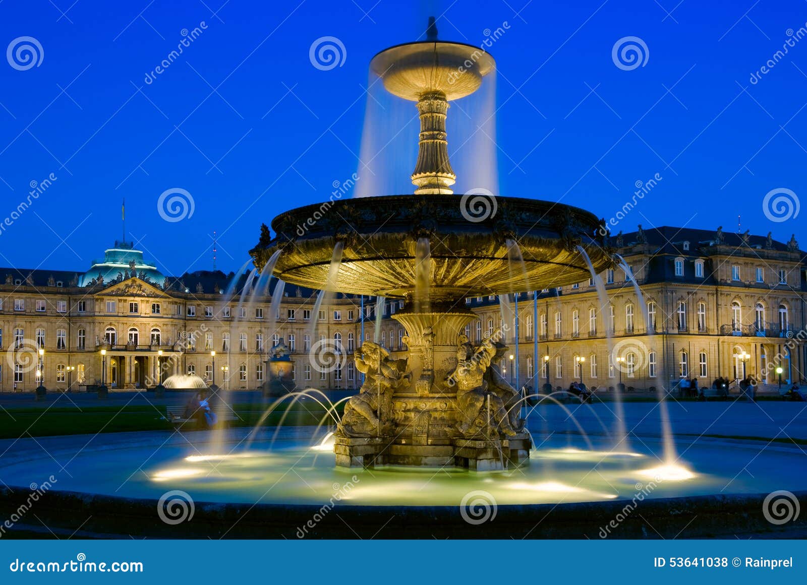 Schlossplatz Fountain in Stuttgart, Germany. Schlossplatz is the largest square in the centre of the city of Stuttgart and home to the New Castle which was built between 1746 and 1807. Schlossplatz stands next to two other popular squares in Stuttgart: Karlspatz to the south and Schillerplatz to the south west.n