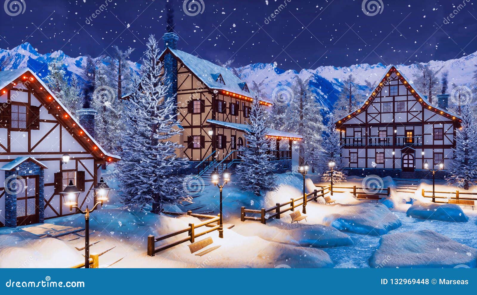 Schnee Bedeckte Alpine Bergstadt Nachts Winter Stock Abbildung