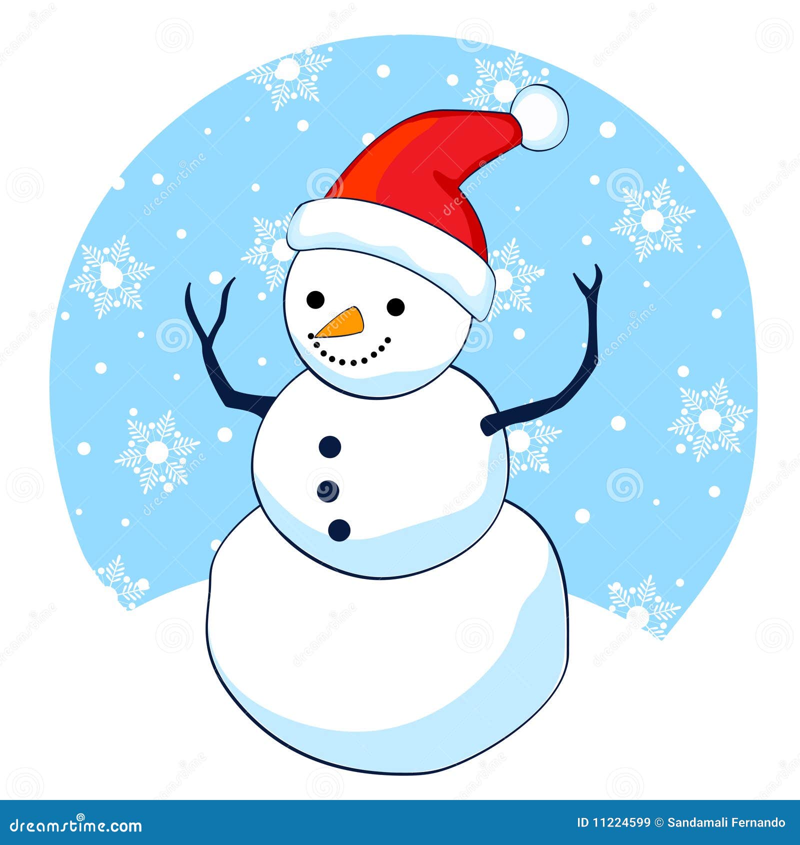 Netter lächelnder Schneemann mit rotem Sankt-Hut auf fallendem Schneeflockehintergrund.