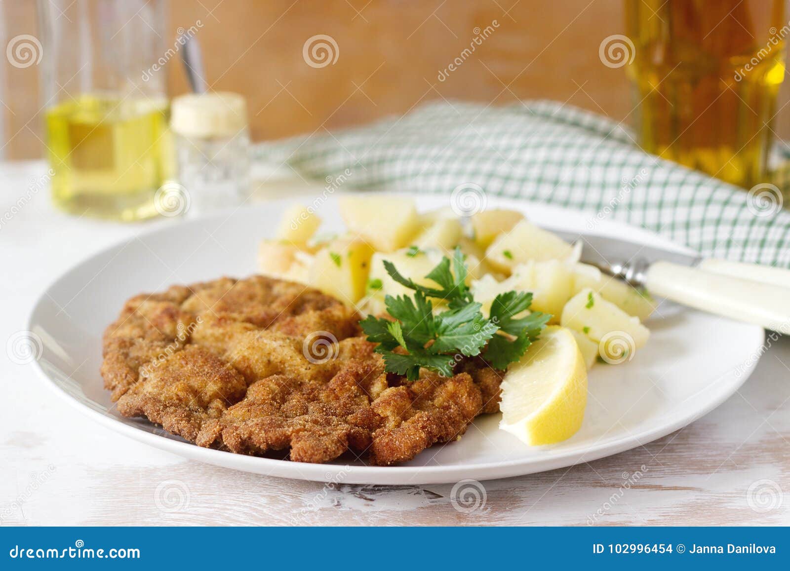 Schnitzel Served with Potato Salad Lemon Traditional Austrian Food 