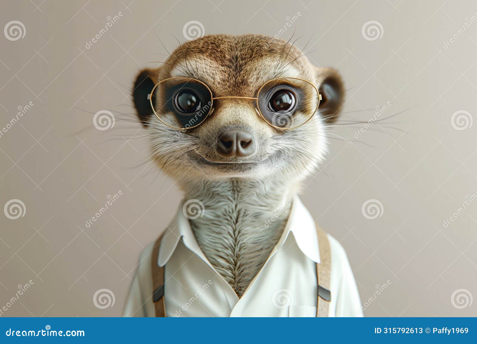 scholarly meerkat with glasses in a white shirt, concept of education.