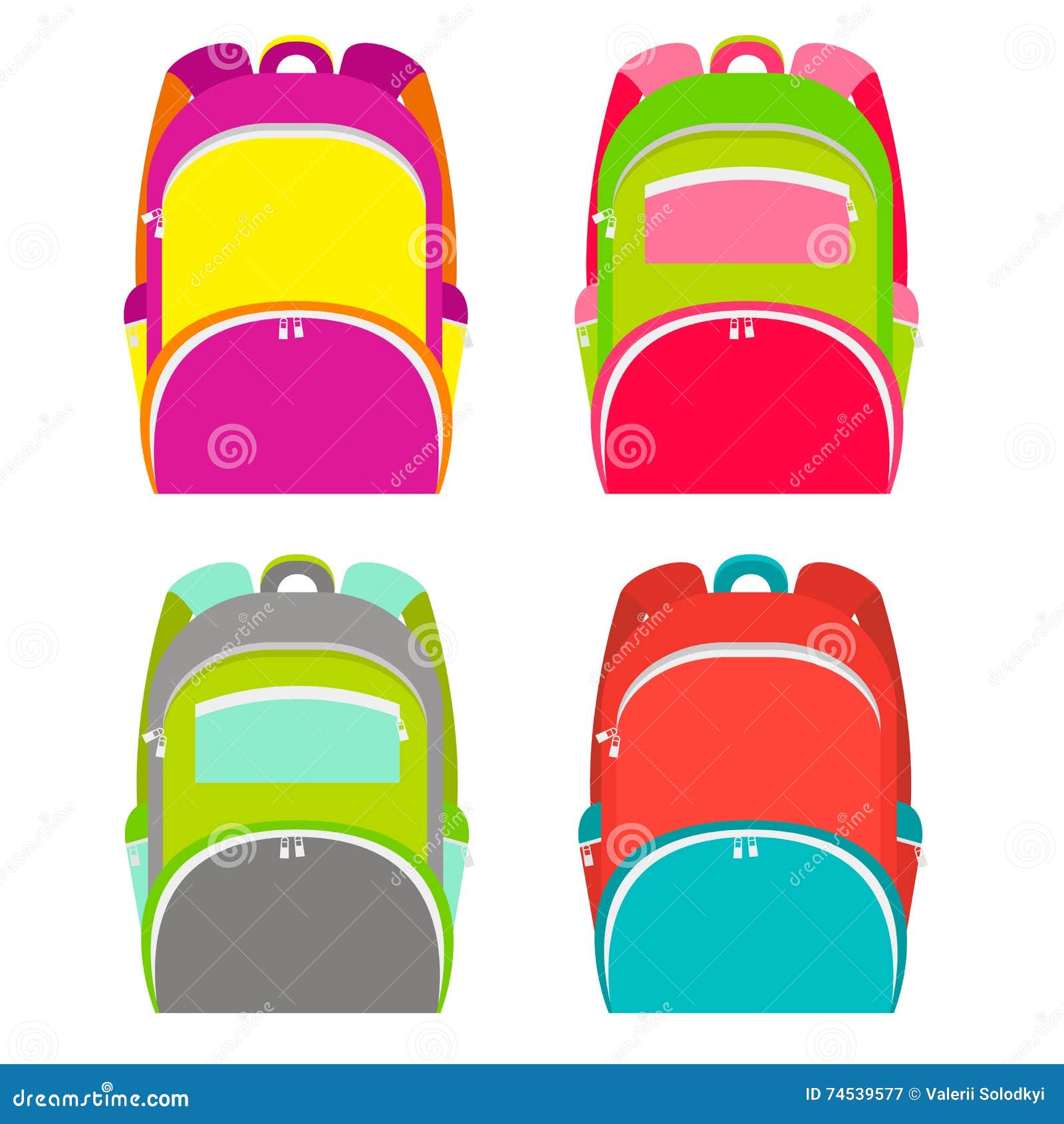 school backpacks collection  on white. school backpack in 4 different versions.  .