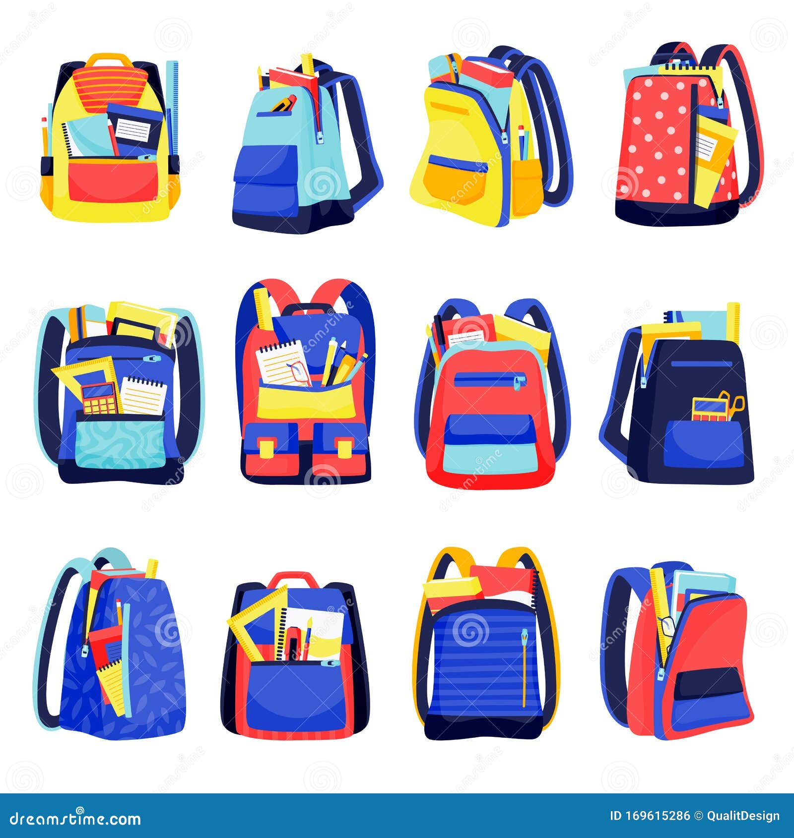 School Backpacks Icons, Isolated On White Background. Vector Flat ...