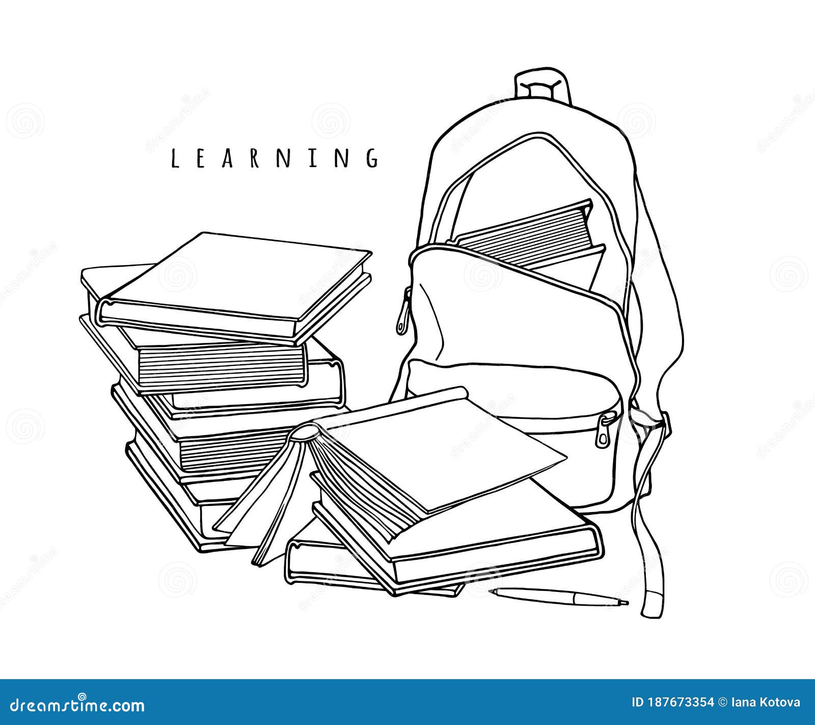 School Bag, Book Stack and a Heap Textbooks. Stock Vector