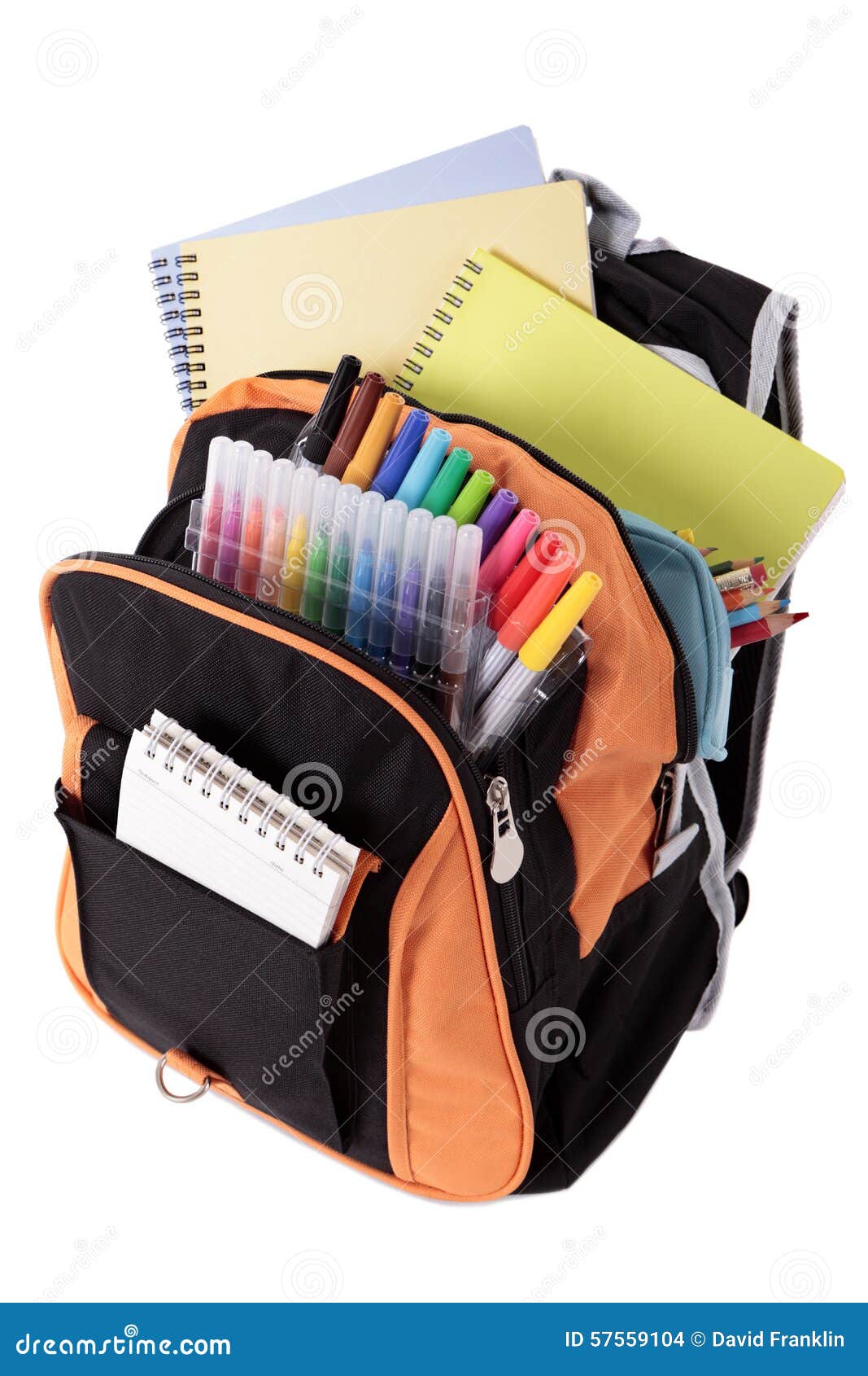 Escalofriante nitrógeno especificar School Bag Full with Pens and Books, Isolated on White Background Stock  Photo - Image of book, tools: 57559104