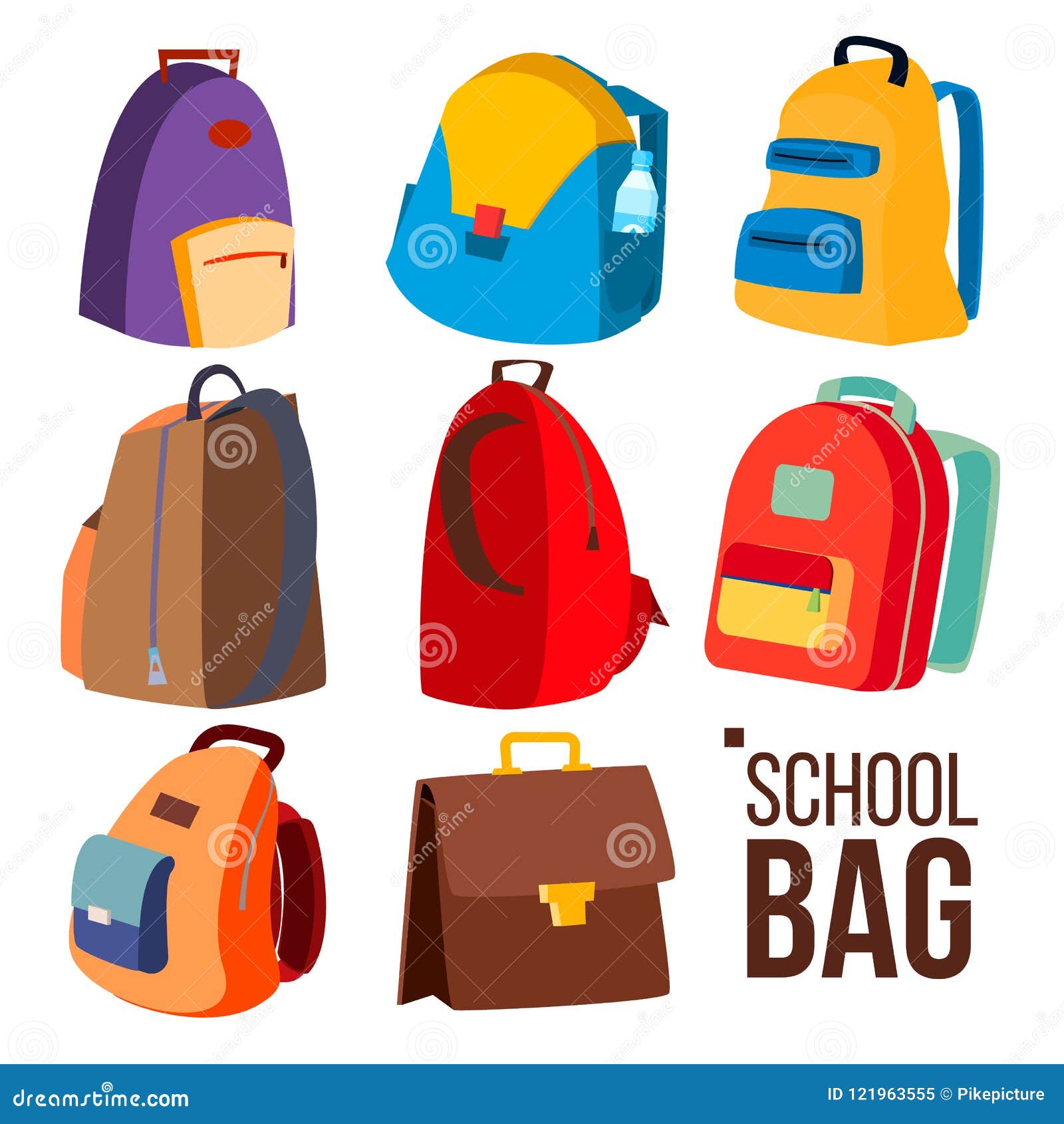 Collection Of Colorful School Bags For Boys And Girls Backpack Full Of  Stationery Objects Vector Illustration