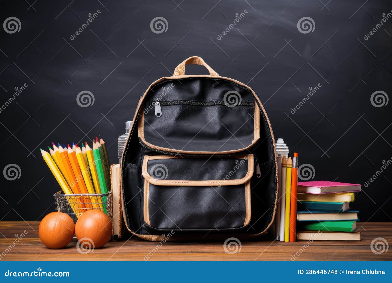 School Bag and Textbooks in Front of a Blackboard on a School Desk