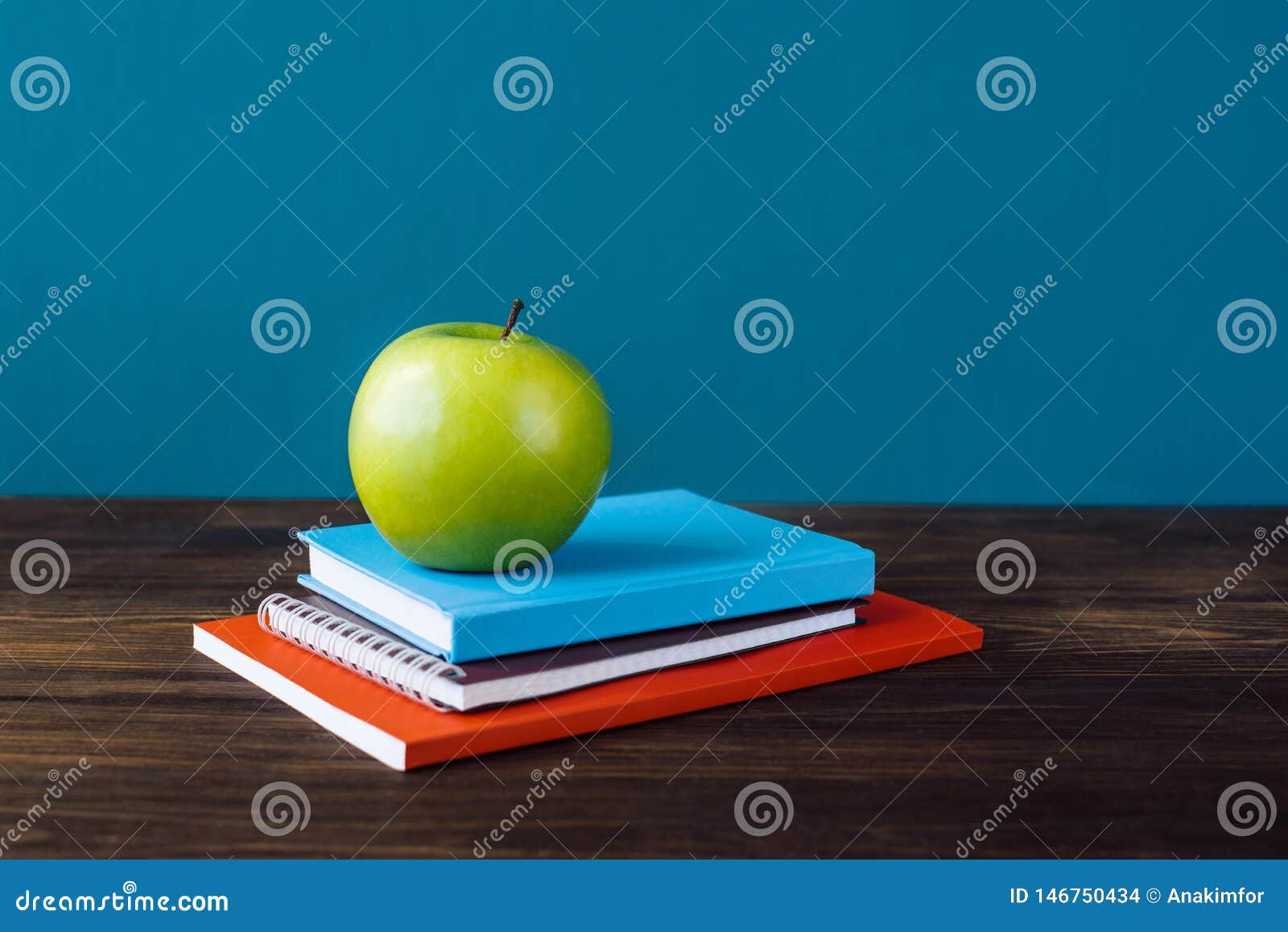 School Books with Apple on Desk Stock Photo - Image of child, class ...