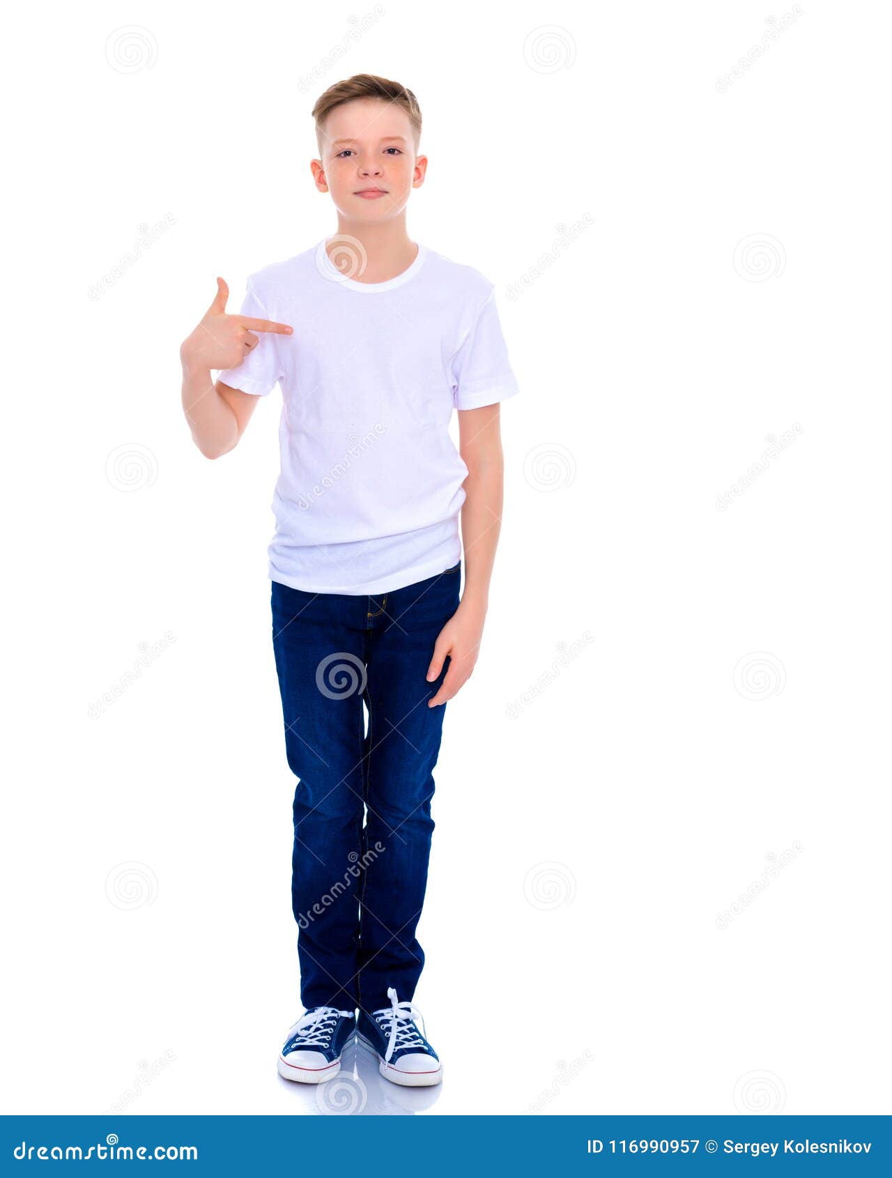 A School Boy Points To His White T-shirt. Stock Image - Image of cotton ...