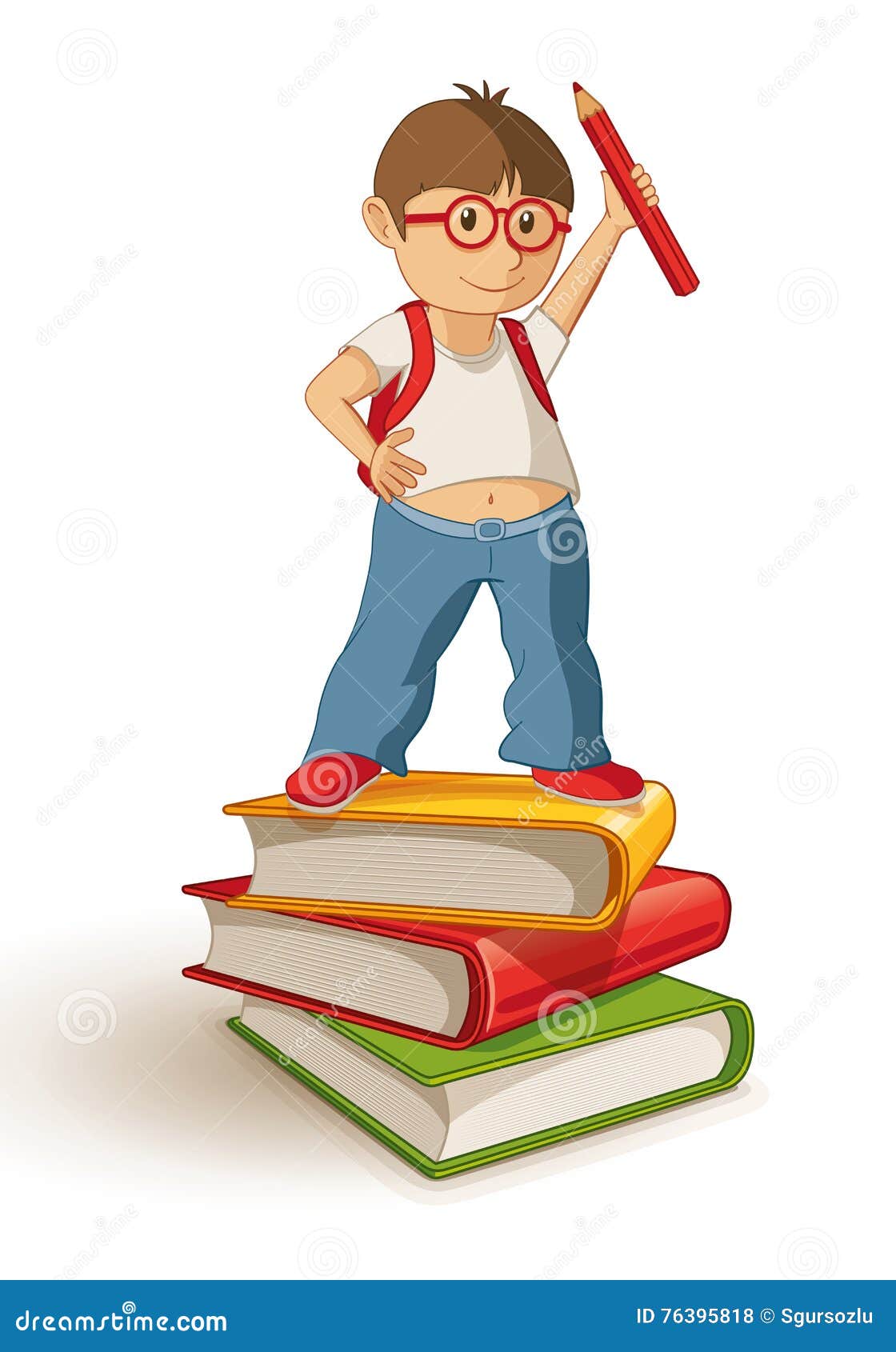 School Boy Standing on the Book Stack. Stock Vector Illustration of