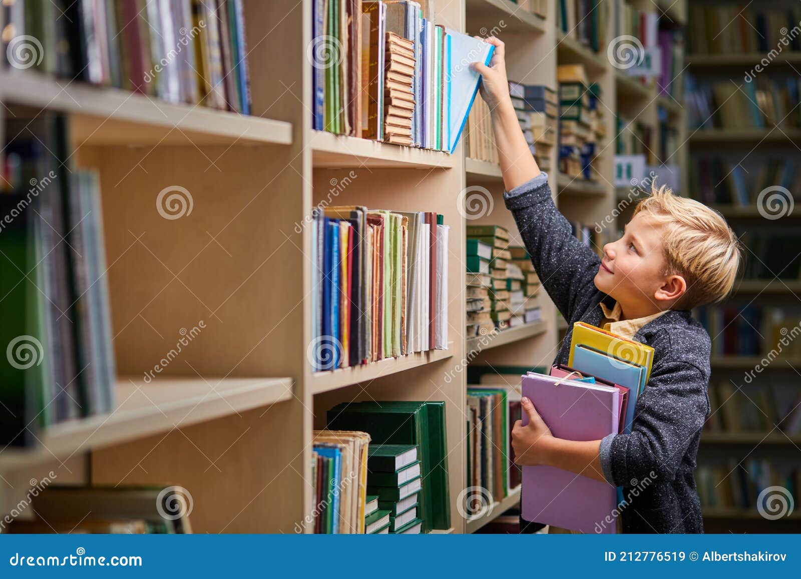 Little School Boy Taking Books from Shelves in Library, with a Stack of