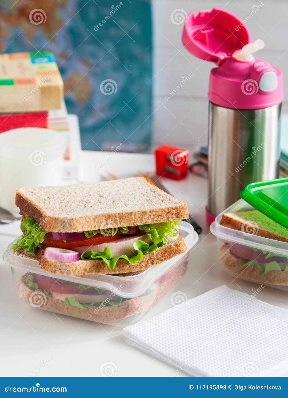 School Breakfast Fruit Sandwich. Stock Photo - Image of metal, back:  117195398