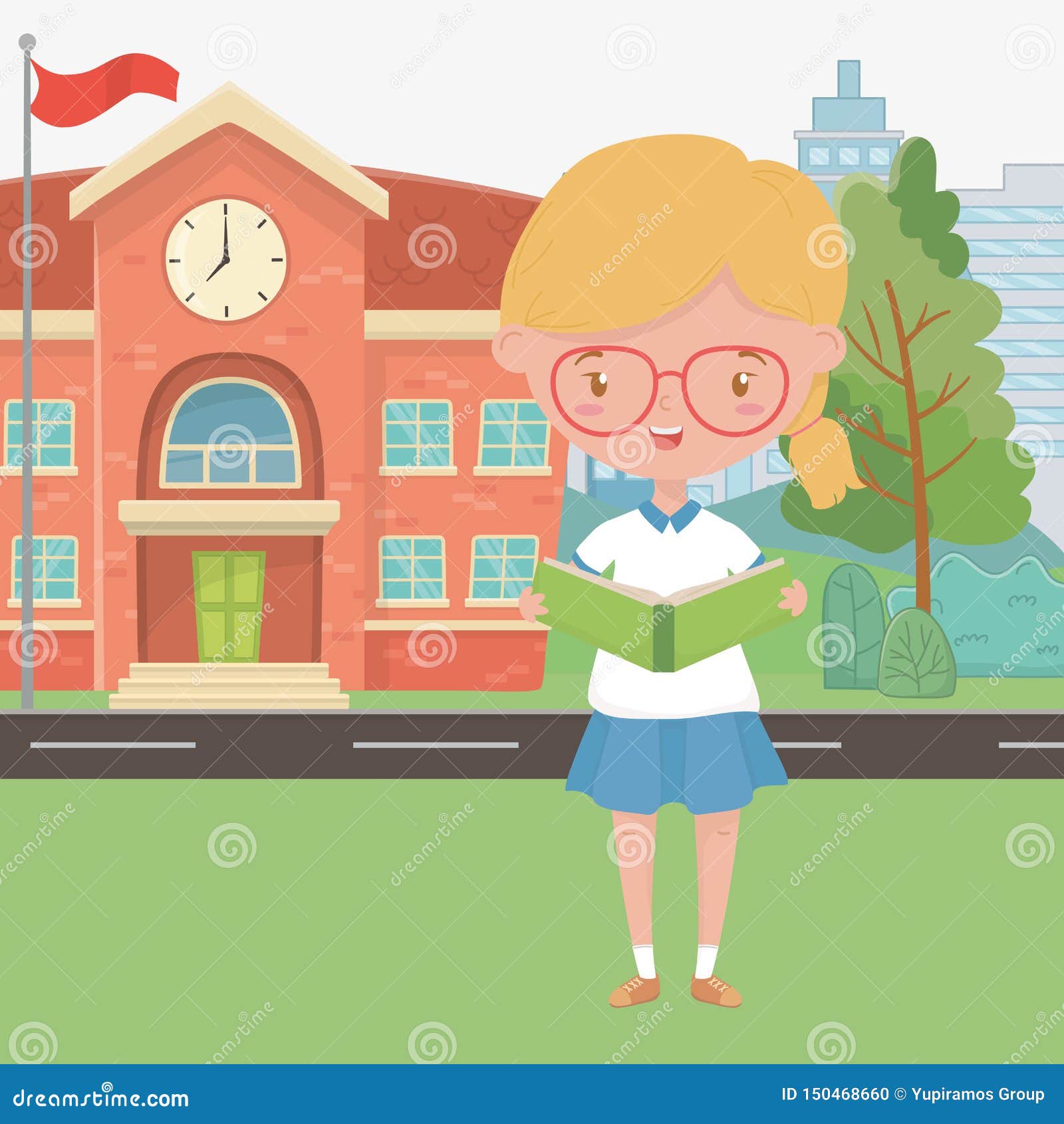 School Building and Girl Cartoon Design Stock Vector - Illustration of  cartoon, friendly: 150468660