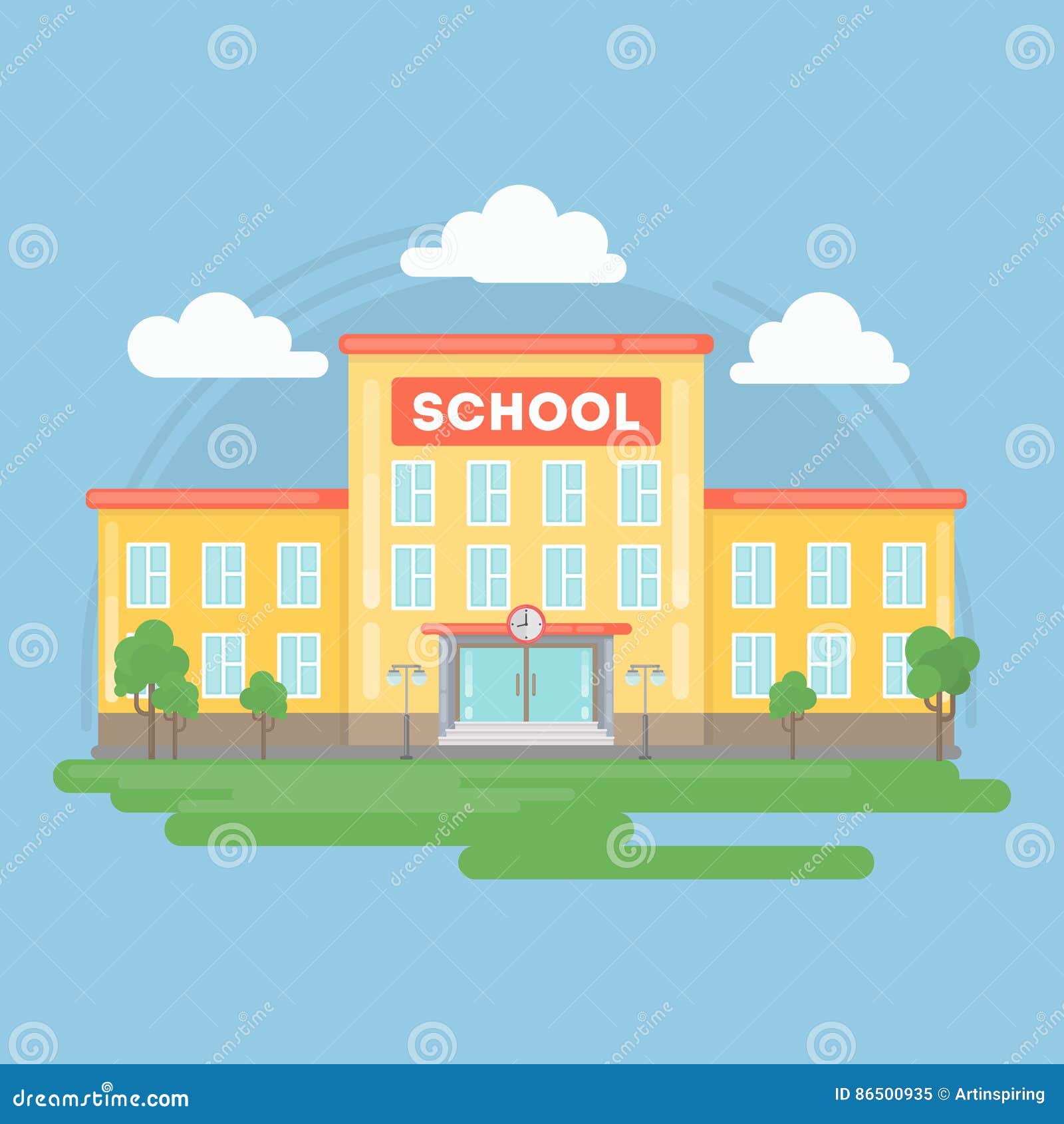 school building. Landscape with grass and clouds. Urban exterior.