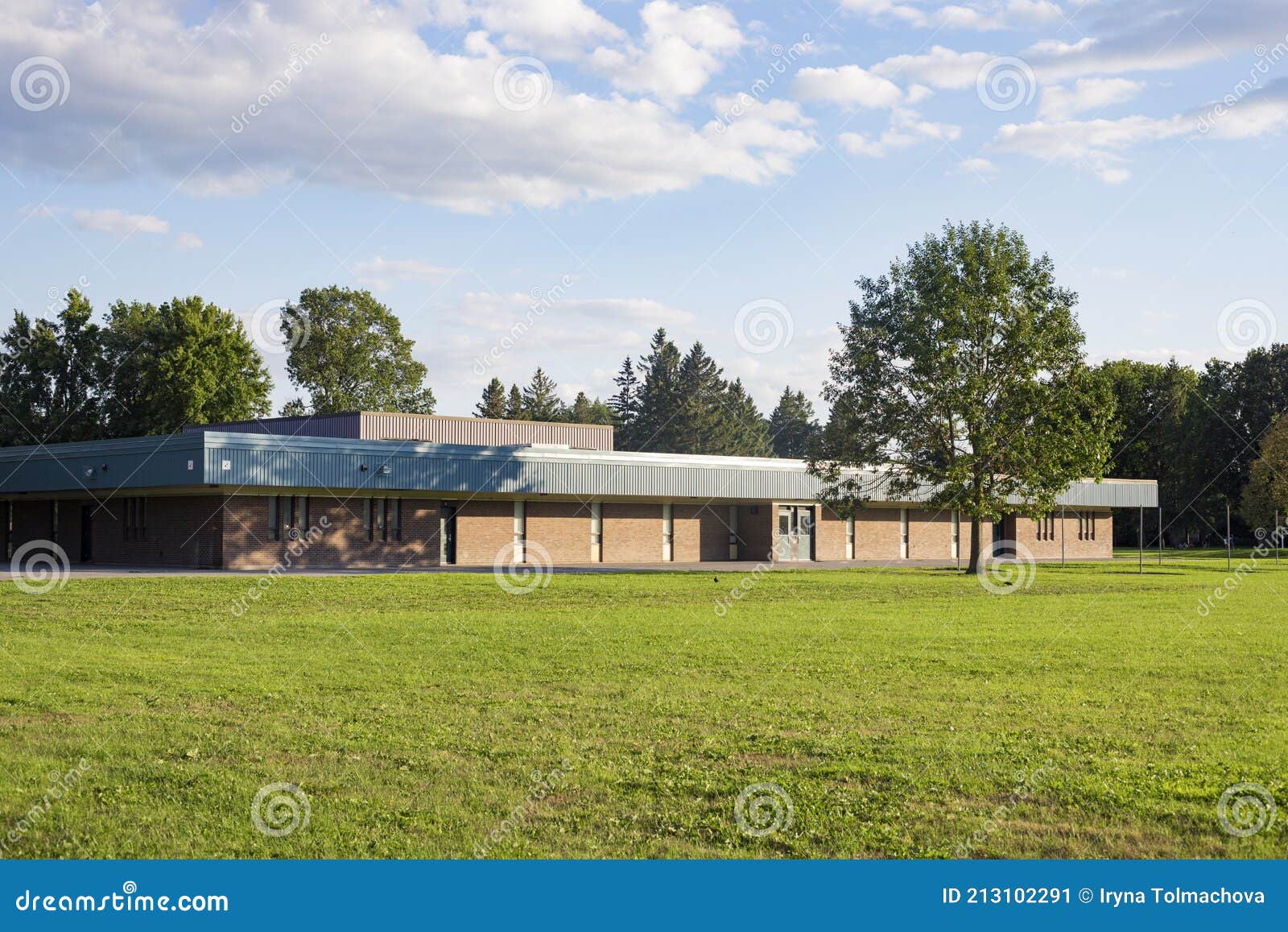 School Building and School Yard with Field Stock Image Image of class