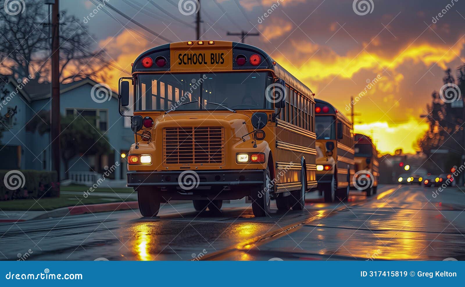 school bus pausing on a rainy sunset boulevard