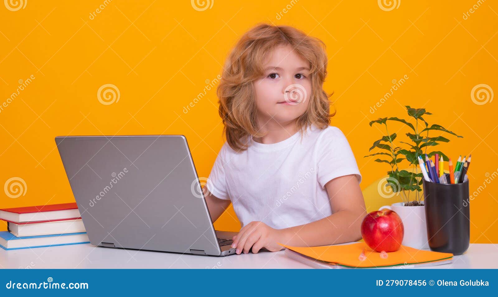 School Child Using Laptop Computer. School Child Student Learning in Class, Study English