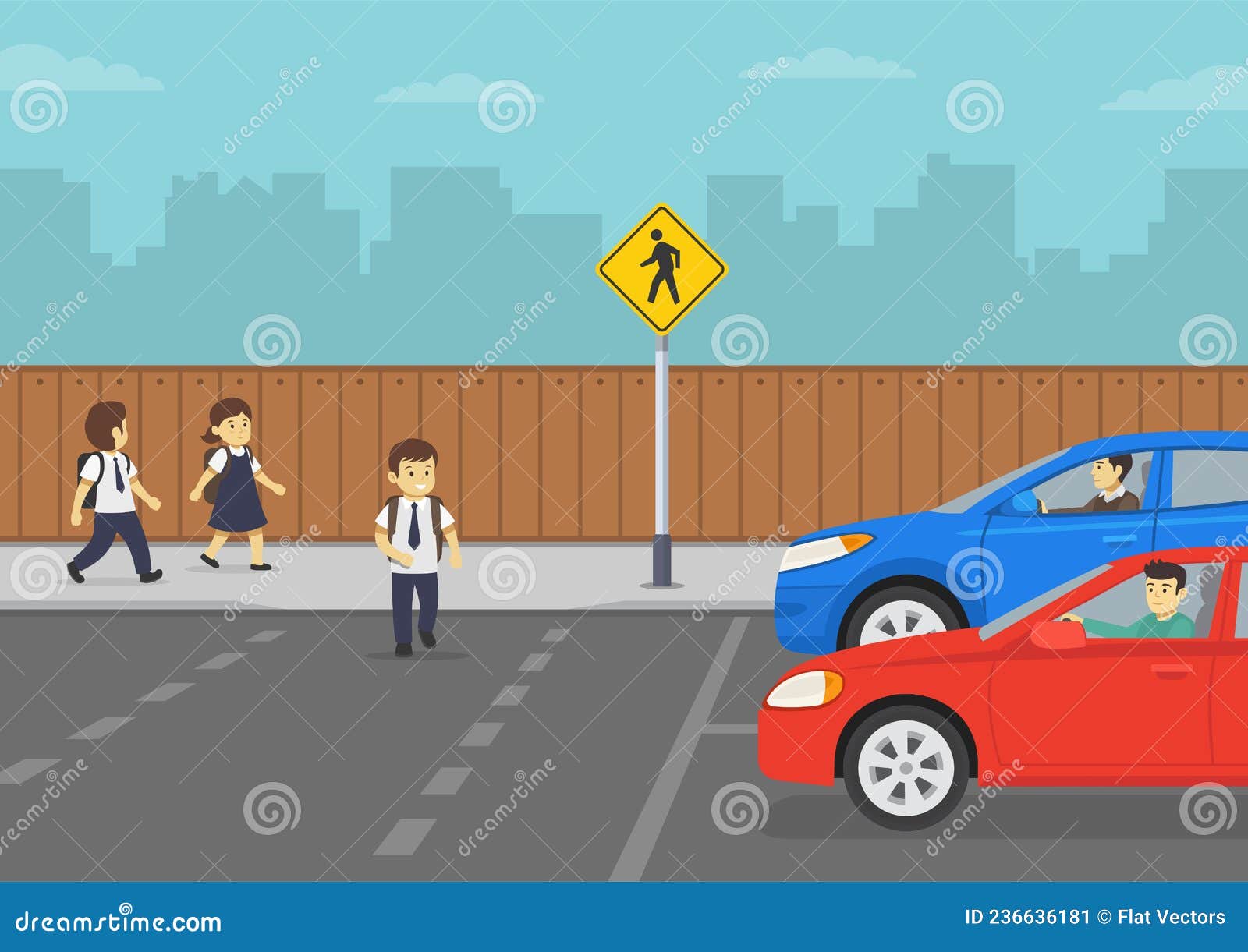 School children crossing road on crosswalk. Zebra crossing. Look right,  look left safety rule. Flat vector illustration template. Stock Vector