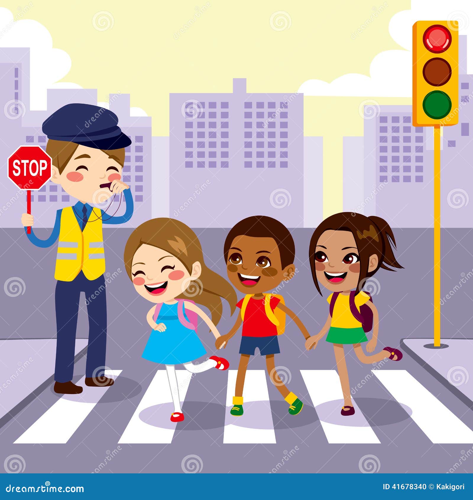 vector illustration of a schoolchildren crossing the road with the