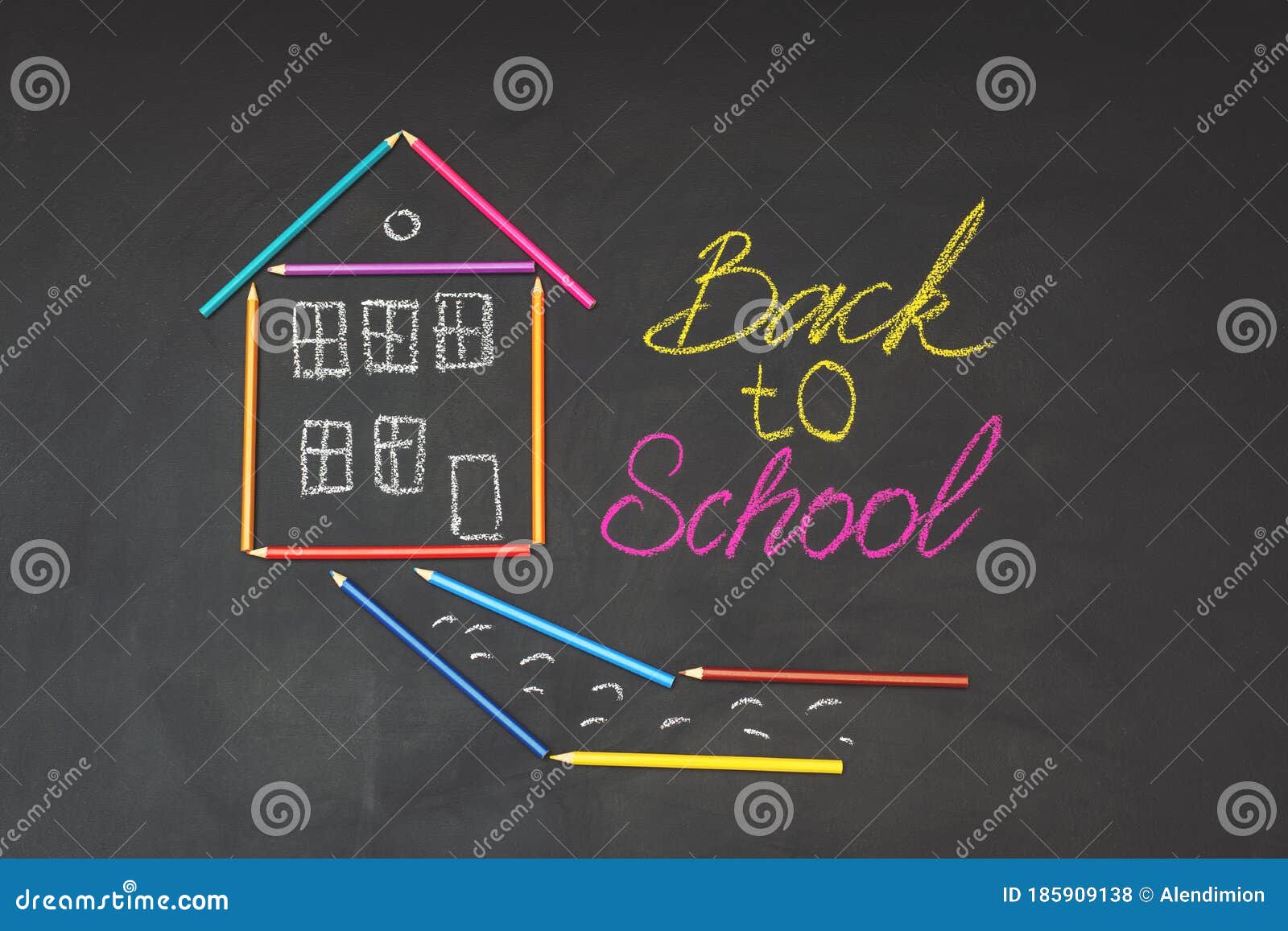 School of Colored Pencils on Chalk Board Stock Photo Image of