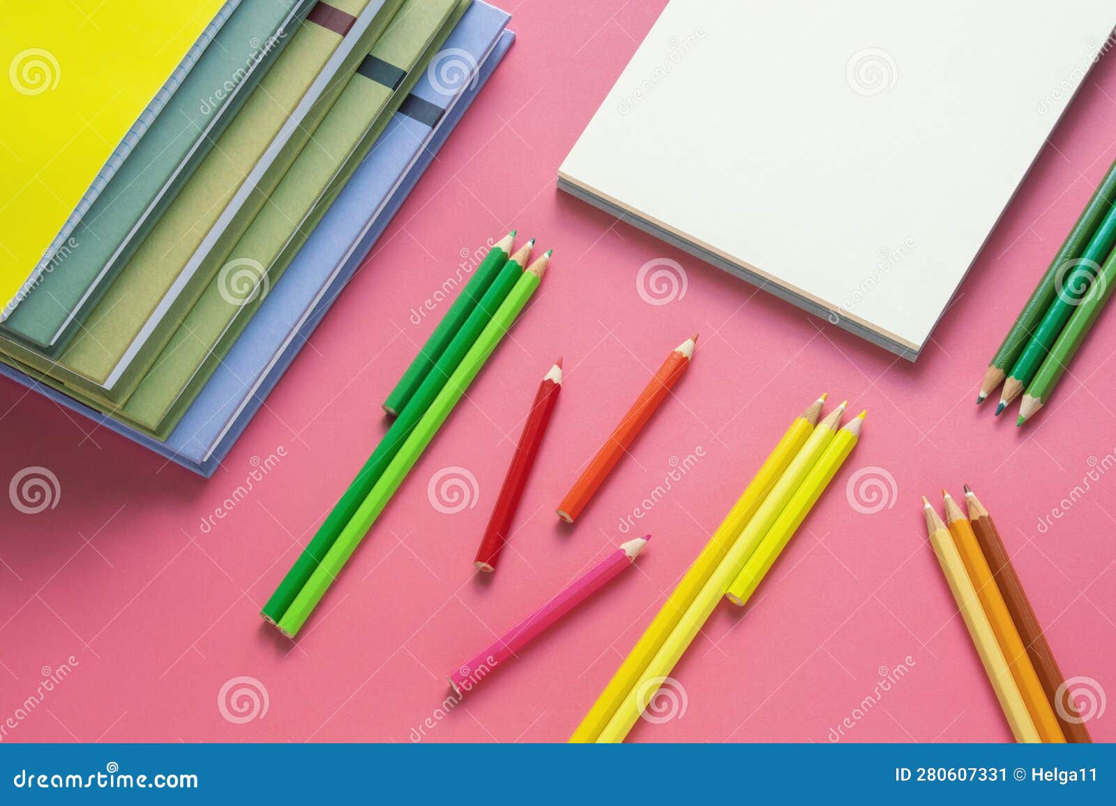 Stack of Books, Sketchbook and Colored Pencils. Copy Space Stock Image