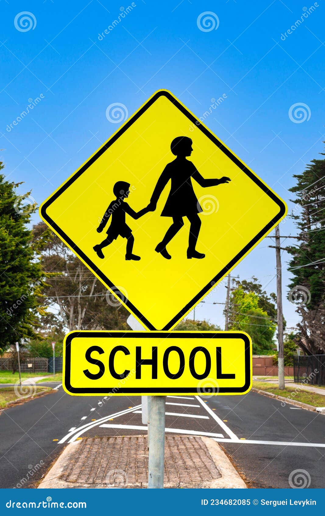 School Crossing Sign on the Street. Stock Image - Image of obey