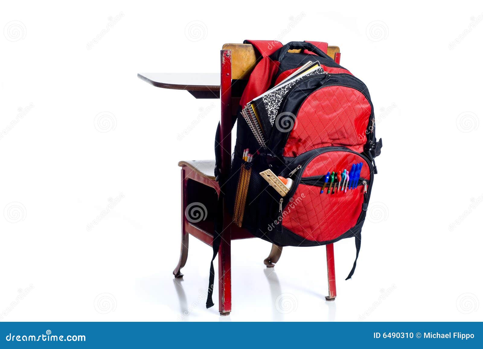 School Desk With Backpack Stock Photo - Image: 6490310