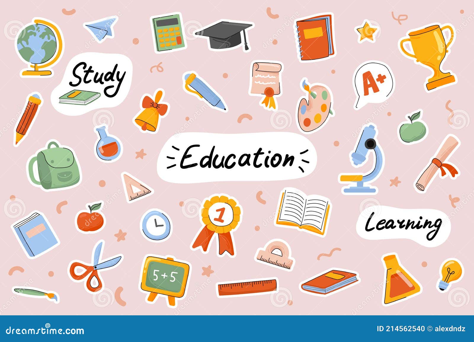 School and Education Cute Stickers Template Set. Scrapbooking Elements Stock Vector