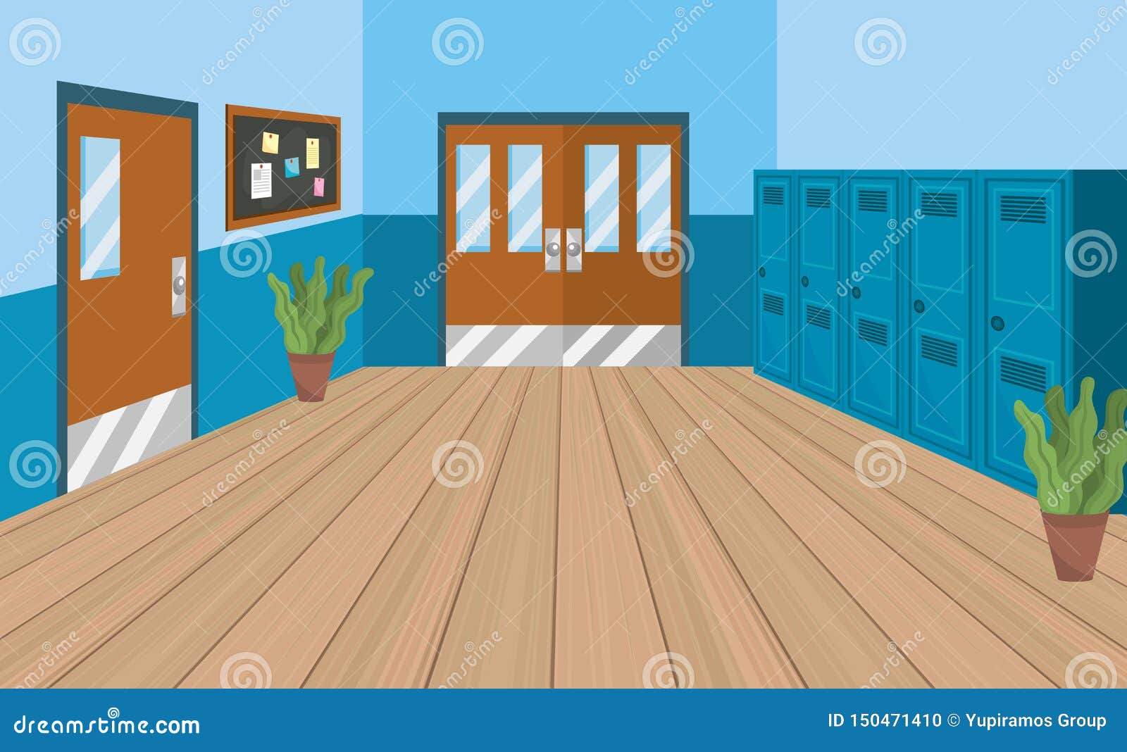 school education with lockers and classrooms with noteboard