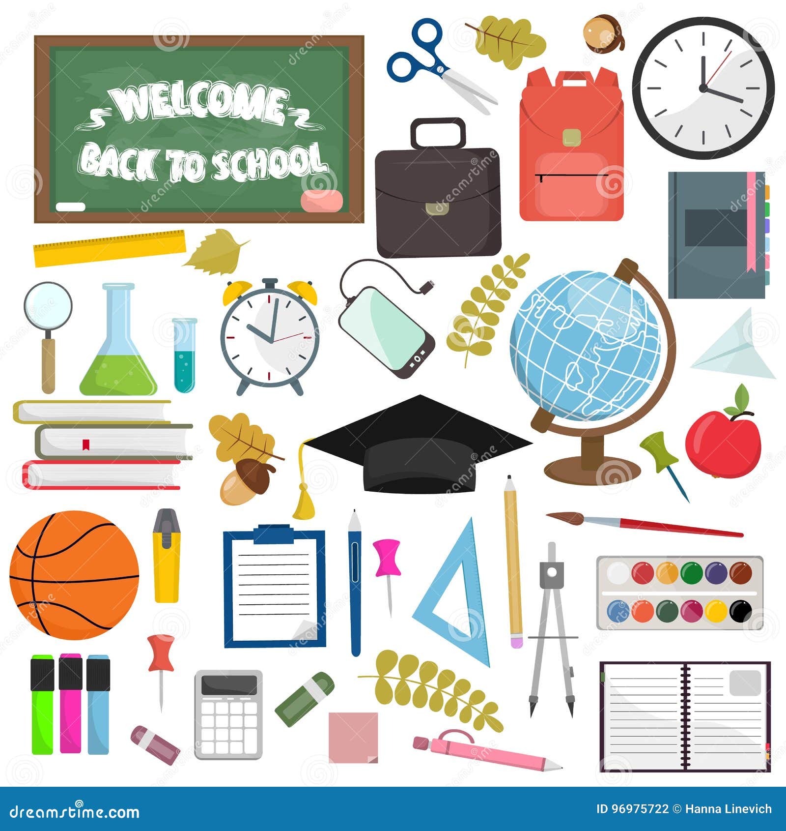 school and education workplace items.  flat  of school supplies.