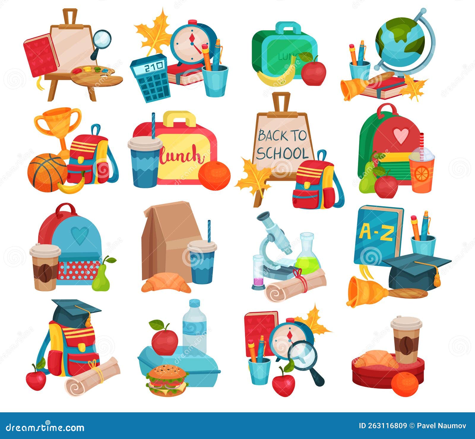 School Educational Items with Backpack and Lunch with Different Snacks