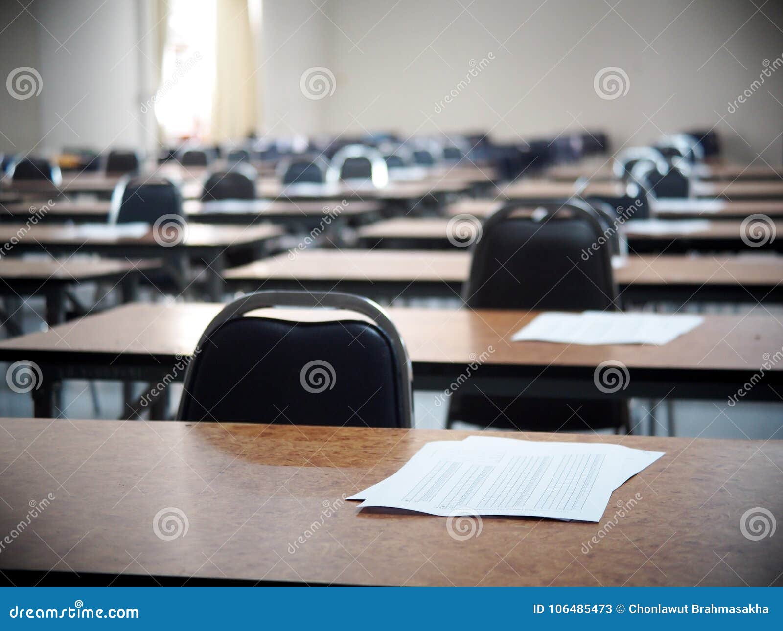 school empty cold exam class room desk and chair