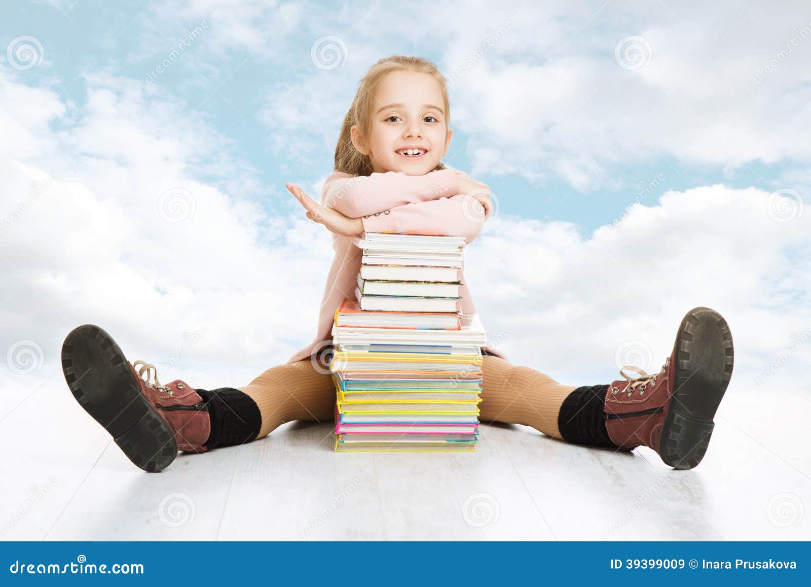 School Girl And Books Stack. Smiling Happy Child Pupil Stock Photo - Image: 39399009