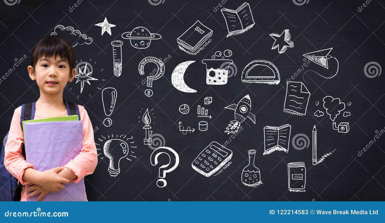 School Girl and Education Drawing on Blackboard for School Stock Image