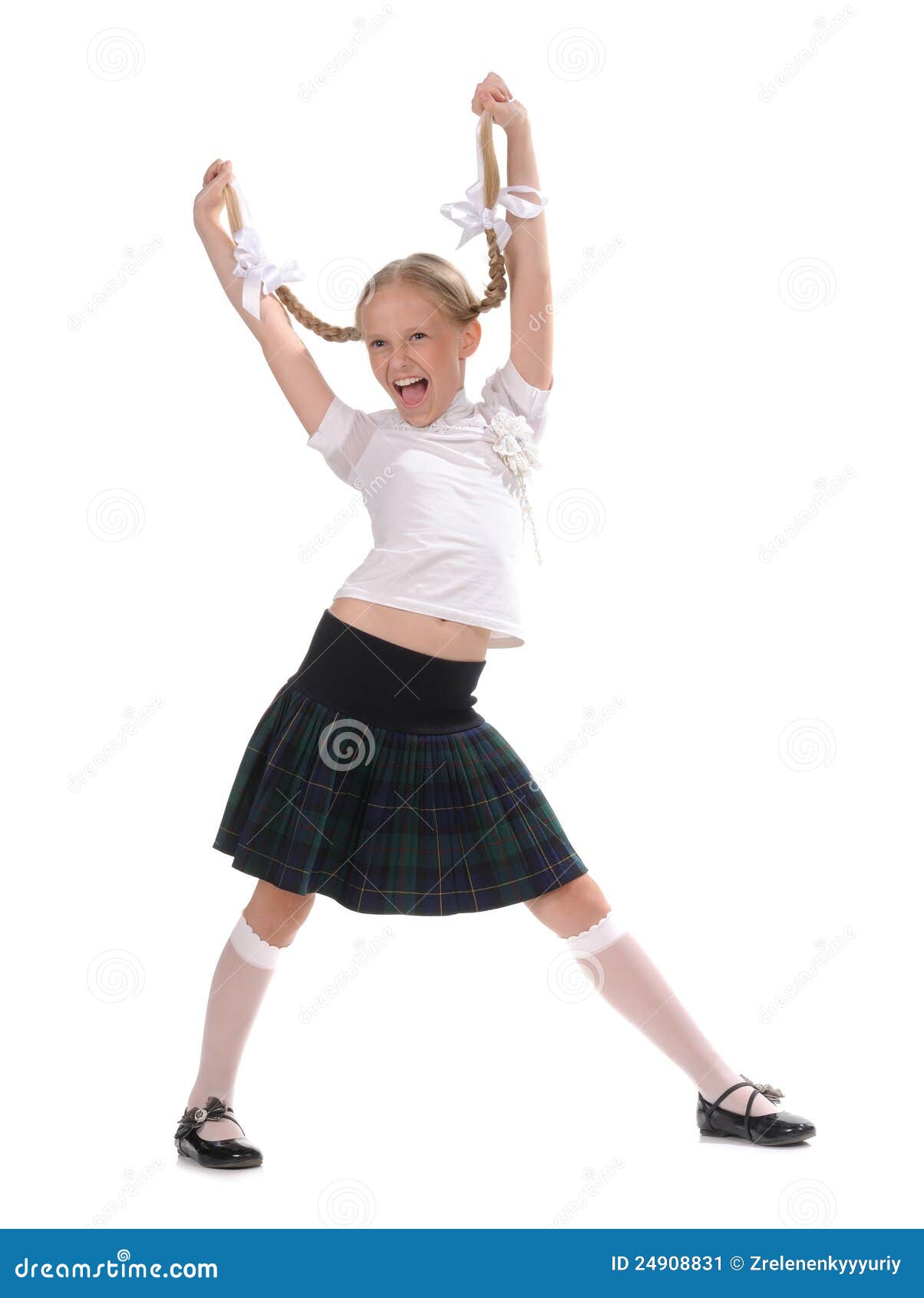 School girl on white background. Funny emotional girl on white background