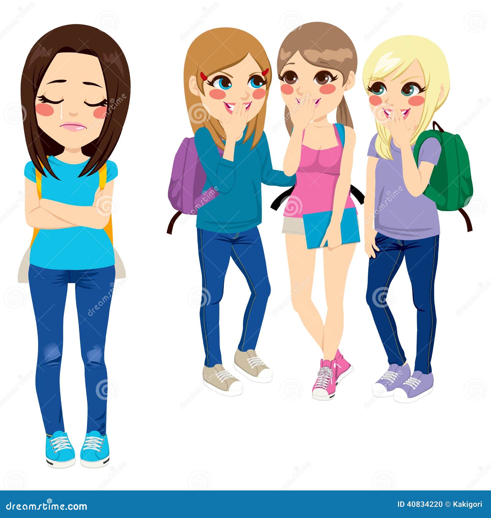 Three school girls bullying poor sad girl classmate. Three school girls bullying poor sad girl classmate.