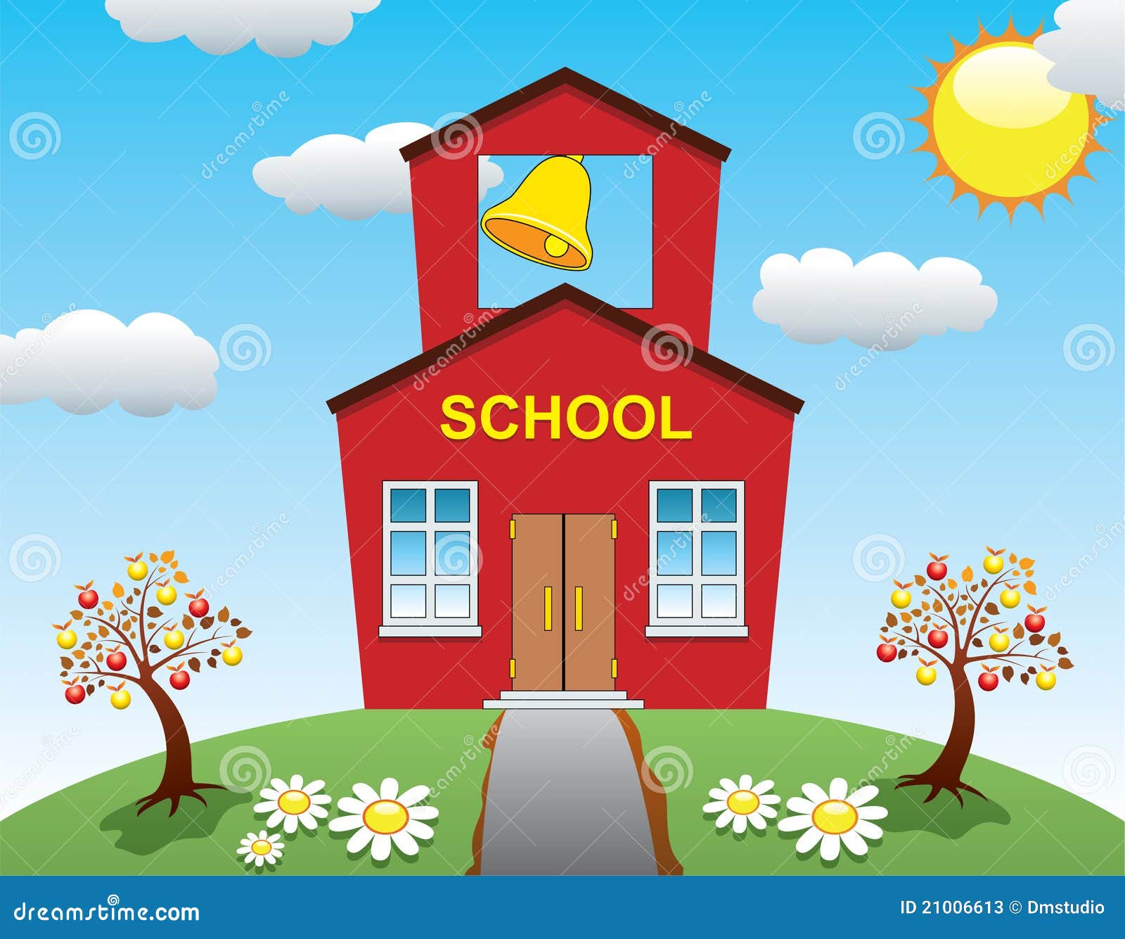 School House and Apple Trees Stock Vector Illustration of blue, green