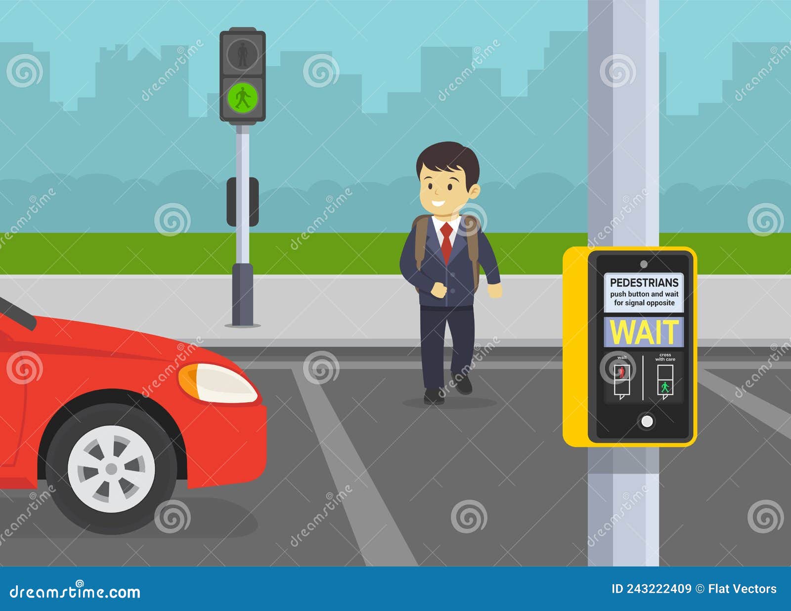 Pedestrian Safety And Car Driving Rules Schoolboy Crossing The Road  Directly In Front Of A Red Car Dont Jaywalk Make Sure To Use Crosswalk  Stock Illustration - Download Image Now - iStock