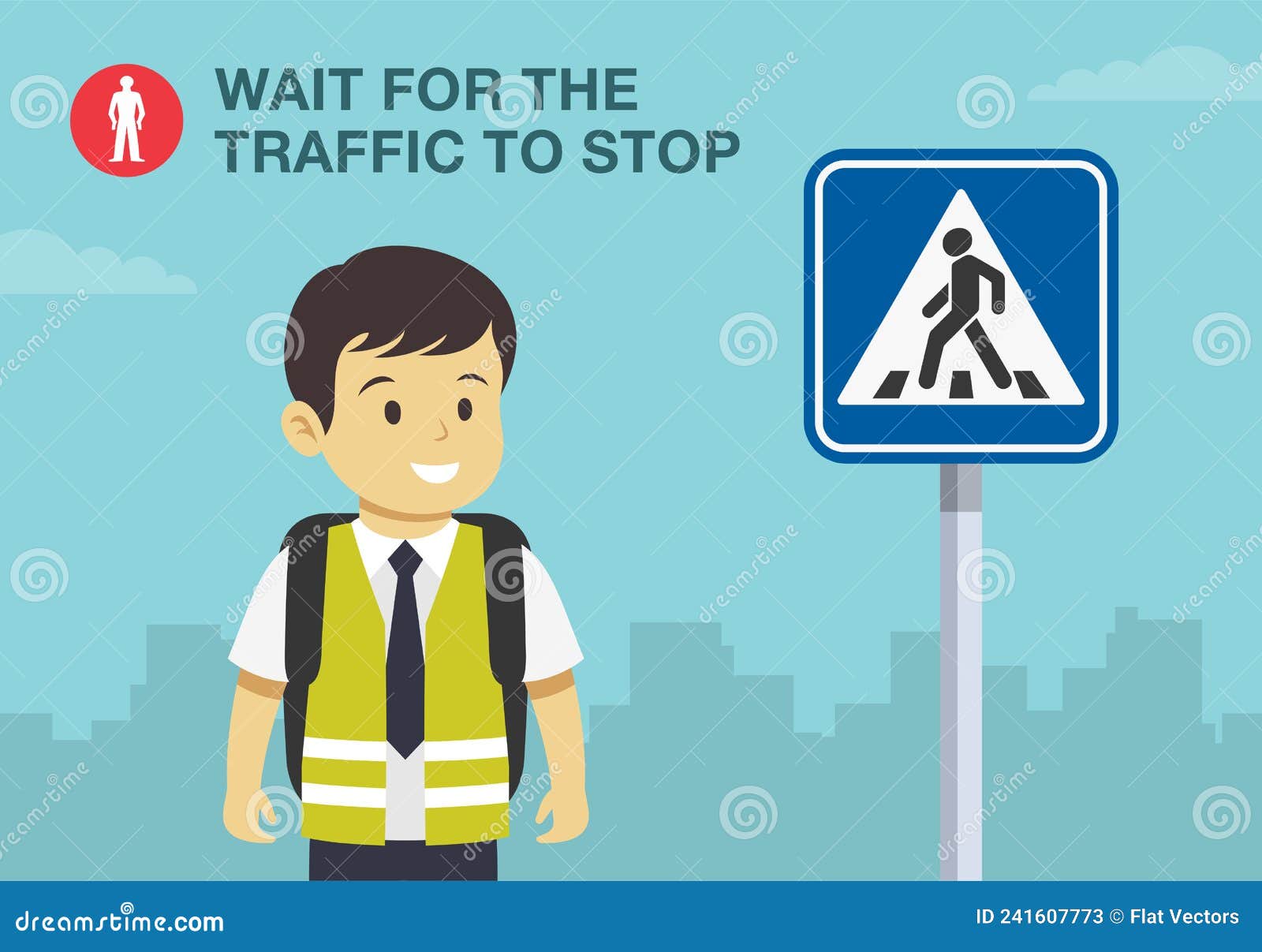 School children crossing road on crosswalk. Zebra crossing. Look right,  look left safety rule. Flat vector illustration template. Stock Vector