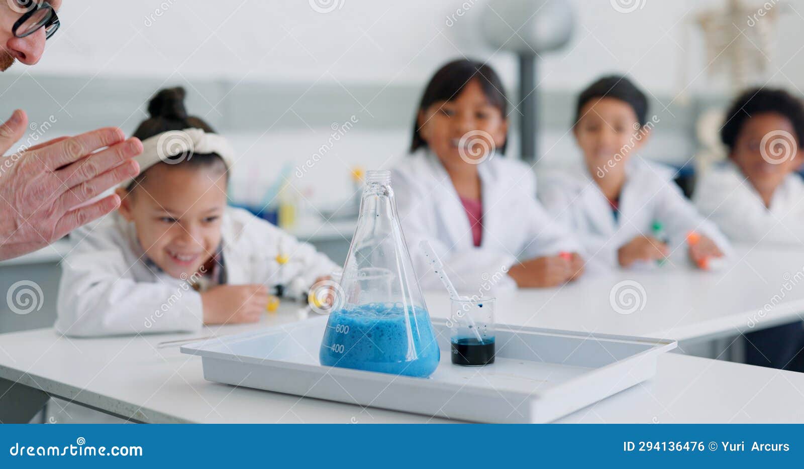 School Kids, Science and Teacher with Beaker in Class for Learning