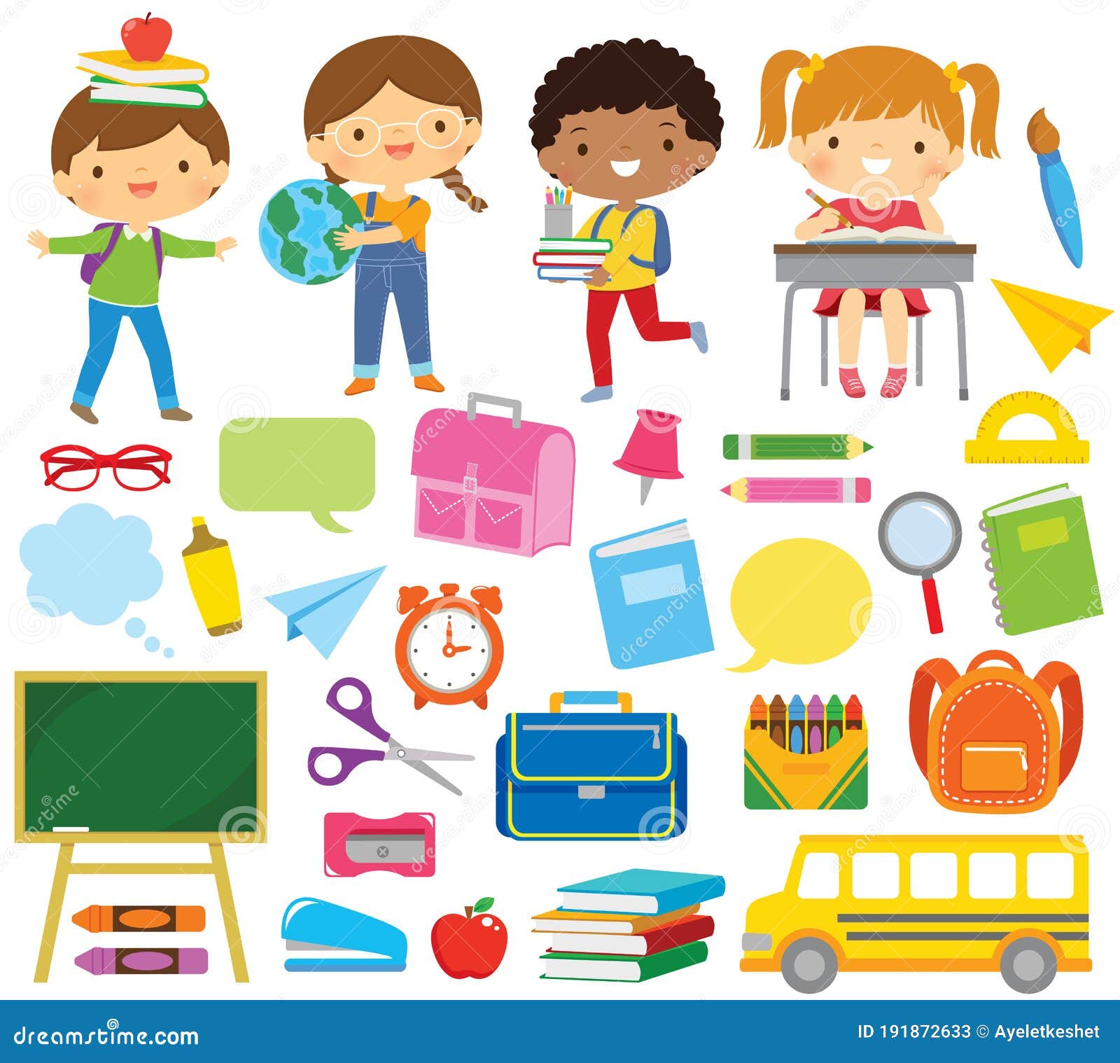 school kids and school supply clipart